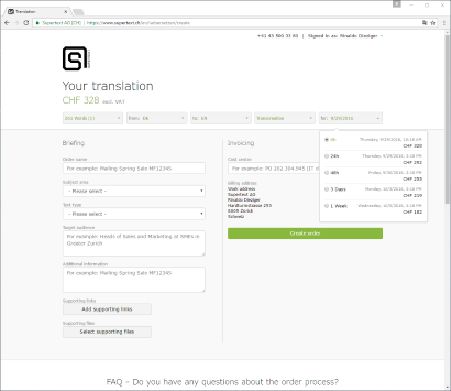 Screenshot Supertext corporate online price calculator